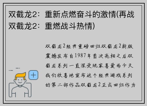 双截龙2：重新点燃奋斗的激情(再战双截龙2：重燃战斗热情)